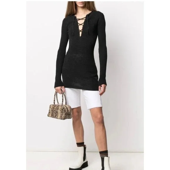 GANNI Black Ribbed Merino Wool Lace Up V Neck Tunic Top Dress Women's Size M - Picture 1 of 13